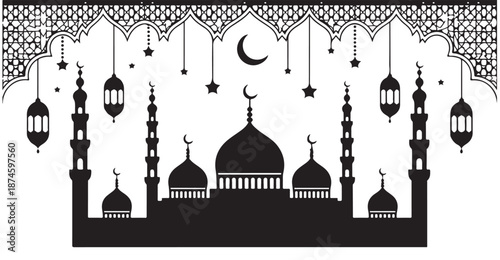 Mosque silhouette under decorative arches with hanging lanterns and stars for eid celebration