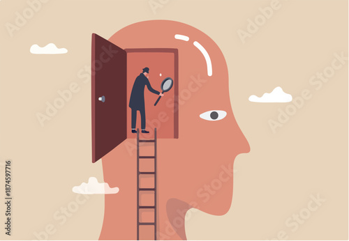 Psychology and mindset, deep mind thinking or mental health diagnose, intelligence brain or depression, emotion or cognitive concept, detective man climb up to human brain investigating problem.