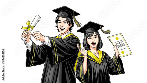 Happy graduates celebrating with diplomas in hand