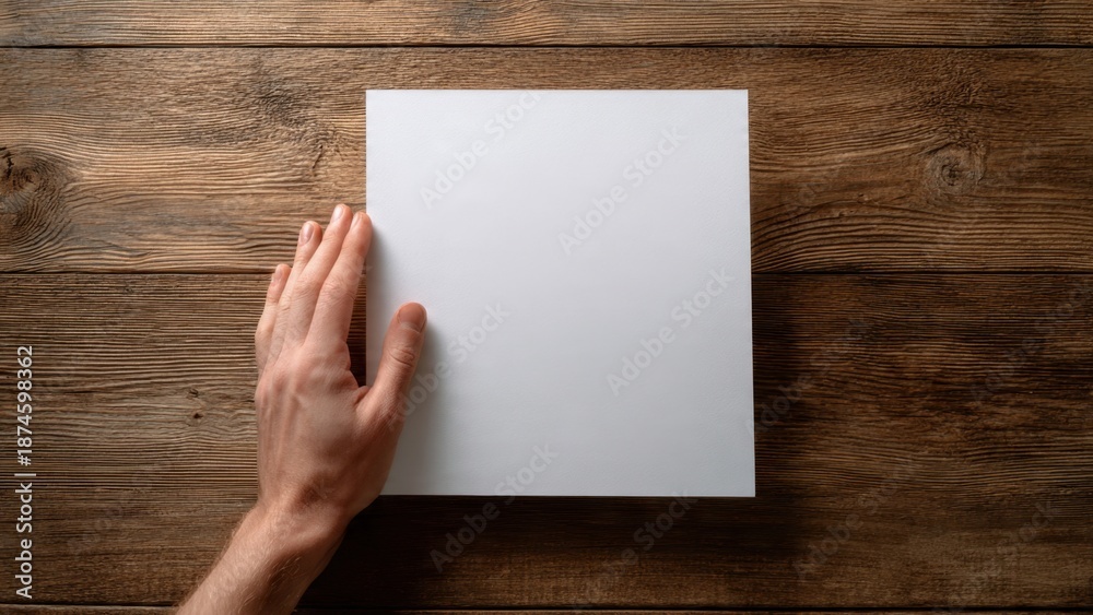 Fototapeta premium Hand on white paper, wood background