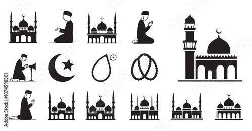 Muslim prayer symbols including praying man silhouette mosque icons and islamic prayer beads