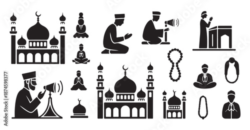 Silhouette icons of muslim prayer worship mosque beads and religious figures for islam