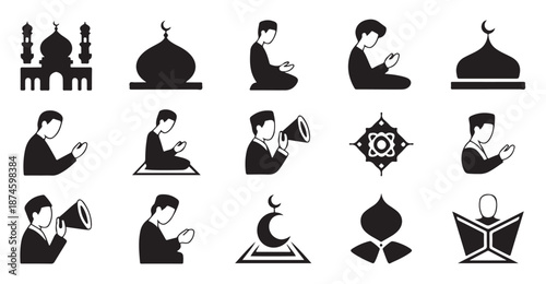 Collection of black silhouette icons depicting muslim men praying and mosque structures