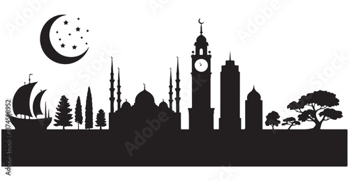 Middle Eastern city silhouette at night with mosque clock tower ship and crescent moon