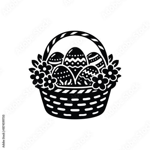 Black and white Easter basket with decorative eggs and flowers vector illustration