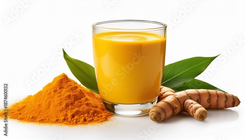 golden turmeric milk in a glass with fresh roots and powder isolated on white background