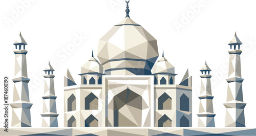 Minimalist Taj Mahal. Low-poly vector illustration focused on a minimalist Taj Mahal icon, polygonal geometric style with sharp