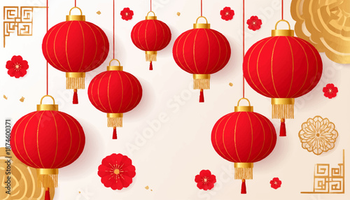 Vibrant vector illustration of traditional red Chinese lanterns with golden decorative ornaments and blooming flowers, perfect for festive celebrations and cultural events