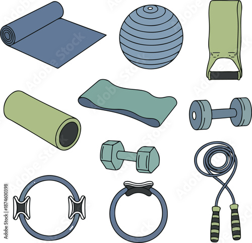 Fitness and Pilates Equipment Set Illustration for Yoga, Gym, and Home Workout