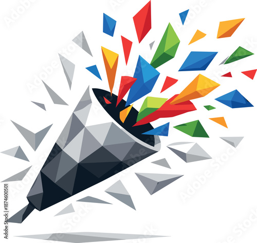 Festive Geometry Explosion. Low-poly vector illustration of a confetti party popper representing celebration, holidays, and