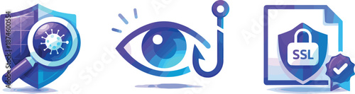 Cybersecurity Icons Illustration. Three symbolic icons of antivirus shield scanning, phishing hook avoided by awareness eye, and