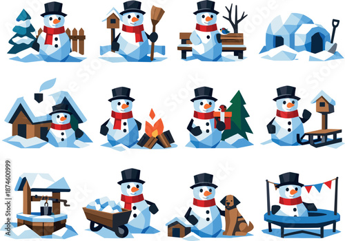 Geometric Snowman Icons. Geometric low-poly vector icons illustrating a snowman standing in a courtyard or backyard, built from