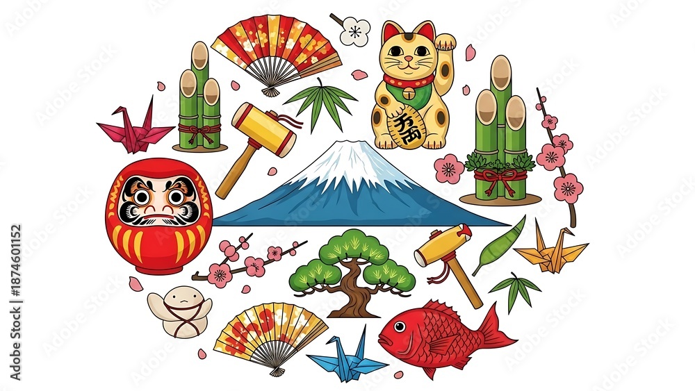 Fototapeta premium Colorful illustration of various Japanese cultural symbols arranged in a circular composition