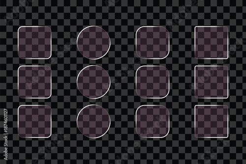 Elegant glass morphism UI design elements. Collection of transparent glass shapes with rounded corners on a checkered background. Glass rounded square button set on transparent background.