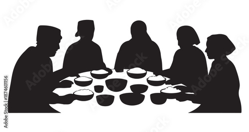 Five muslim people eating dinner together at table ramadan iftar suhoor islamic family meal