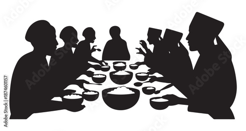 Group of nine muslim people eating dinner together at table ramadan iftar suhoor islamic family meal