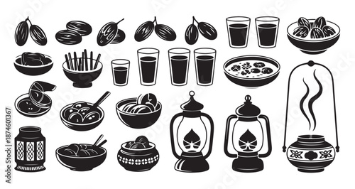 Ramadan food and drinks vector icons for Iftar and Suhoor celebration