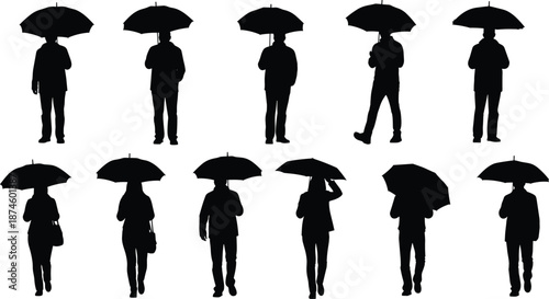 People holding umbrellas silhouettes set, walking men women rainy weather figures, black vector collection isolated on white background