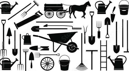 Gardening tools silhouettes, farm equipment collection, wheelbarrow shovel rake watering can icons, agriculture landscaping concept isolated on white background