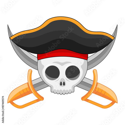 Pirate skull wearing black hat with crossed sabers in cartoon style isolated on white background.
