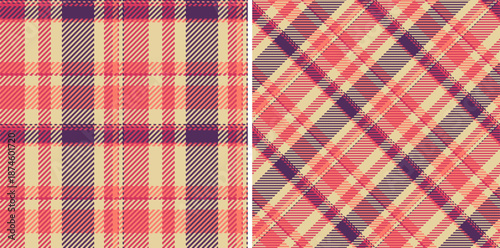 Plaid check tartan of fabric pattern textile with a seamless vector texture background. Set in sunset colors. Bed sheet designs for the bedroom.