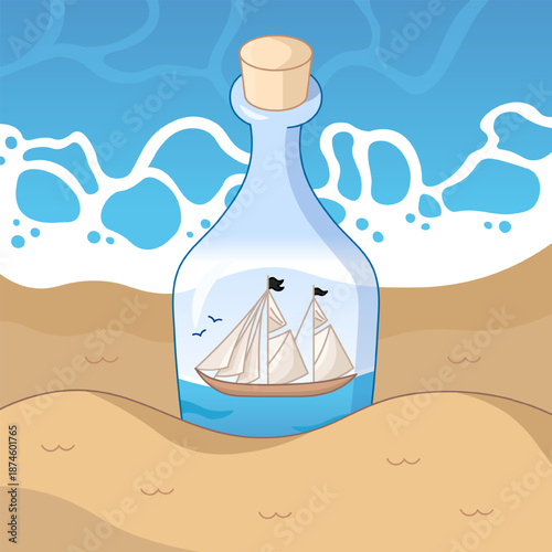Miniature pirate ship inside glass bottle buried in sand on sea beach in cartoon style.