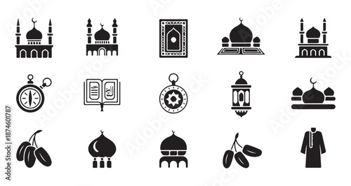 Ramadan kareem mosque icons set muslim symbols and elements collection vector illustration