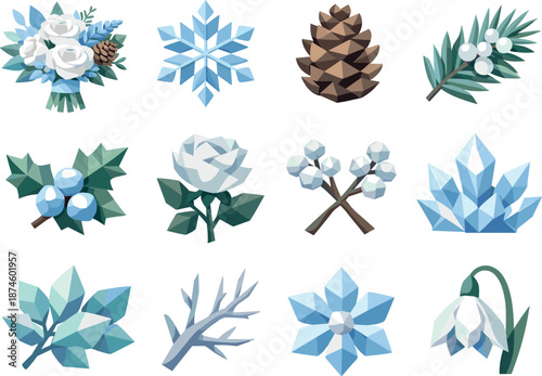 Winter Floral Icon Set. Elegant winter bouquet and frosty floral elements visualized as a low-poly vector icon set with sharp