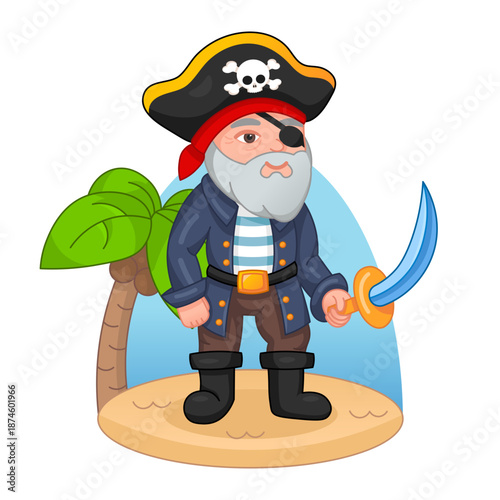 Old cartoon pirate character in hat and bandana standing on tropical island with saber in hands isolated on white background.