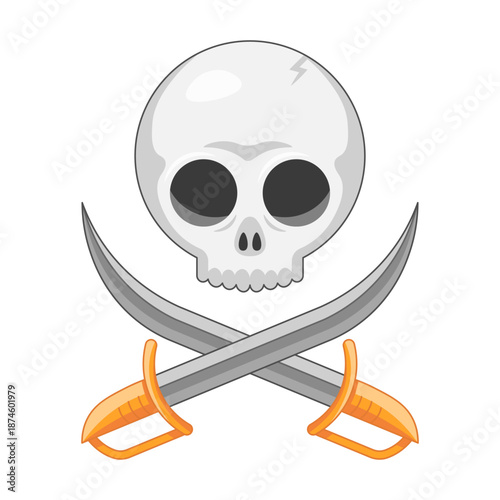 Dead pirate skull with crossed sabers in cartoon style isolated on white background.