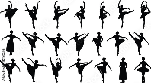 Ballet dancer silhouettes set, graceful classical dance poses, female ballerina performance collection, black vector illustration isolated on white