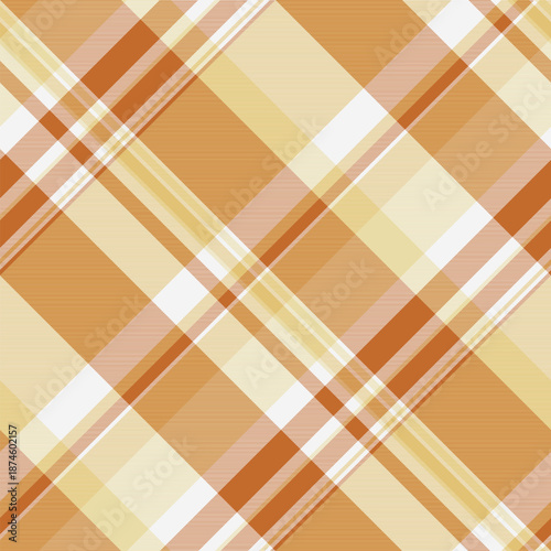 Ornamental pattern textile fabric, intense texture check tartan. Close up vector seamless background plaid in orange and amber colors.
