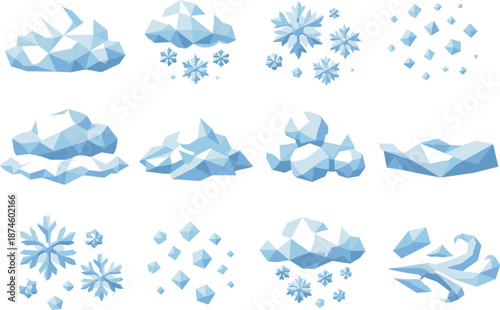 Low-Poly Snow Icons. Low-poly vector icon set for fluffy snow and soft winter snowfall, featuring angular polygonal geometry,