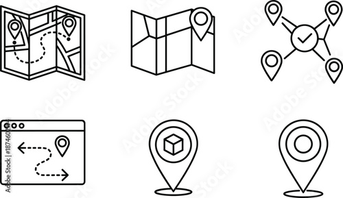Location pin navigation icons set, map route tracking symbols, gps destination markers, black outline vector illustration isolated on white