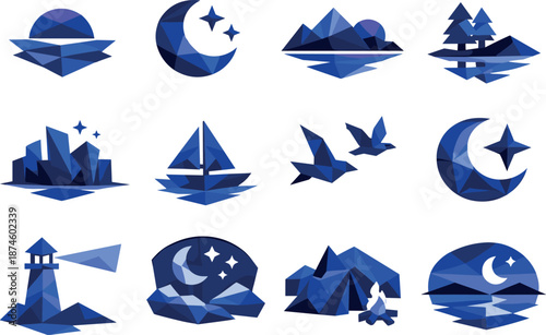 Blue Hour Icon Set. Low-poly polygonal vector icon set focused on blue hour, twilight calm, evening light transition, and serene