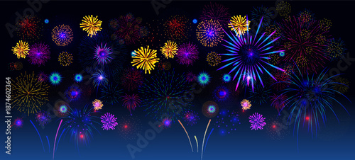 Colorful fireworks isolated on a dark background. Festive firecracker bursts and pyrotechnic rockets. Happy New Year celebration vector for holiday banners, posters, greeting cards, festive designs.