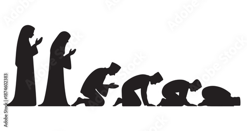 Sequence of Muslim prayer steps showing evolution of prostration in silhouette form