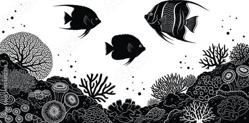 Tropical fish silhouettes with coral reef background, underwater ocean wildlife scene, black vector illustration for aquarium marine design isolated