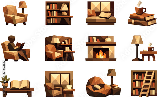 Cozy Library Icons. Quiet reading corners and cozy library ambiance represented through a professional low-poly vector icon set