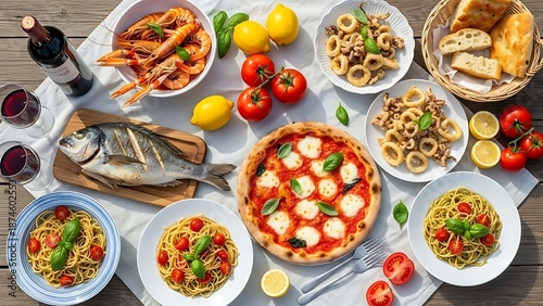 Wallpaper Mural Delicious Italian cuisine meal presented with variety of seafood, pasta, and pizza Torontodigital.ca