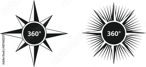 360 degree compass star icons set, navigation direction symbol collection, black vector illustration for panorama virtual tour design isolated