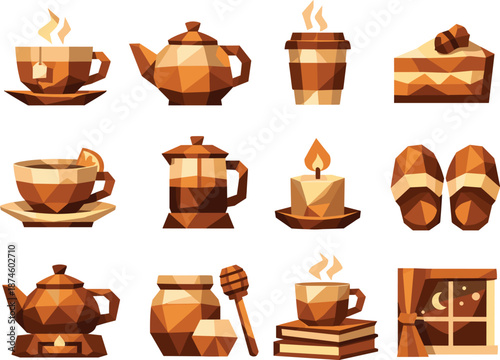 Cozy Tea Icons. Comforting hot drink and cozy indoor tea time visualized as a low-poly vector icon set with sharp polygon edges,