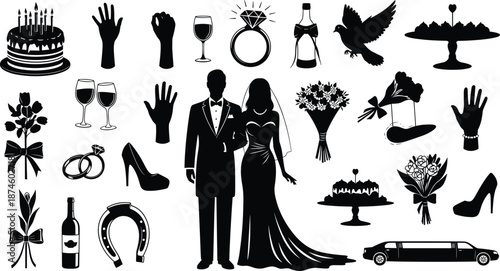 Wedding silhouette icons set, bride groom couple celebration elements, black vector illustration for marriage ceremony romantic design isolated