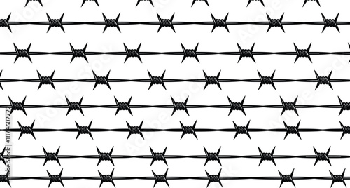 Barbed wire seamless pattern, security fence illustration, black white grunge border texture, industrial danger background isolated vector