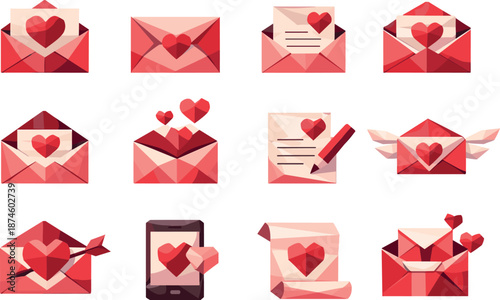 Valentine Icon Set. Low-poly polygonal vector icon set focused on Valentine card in envelope, love letter, romantic mail, and