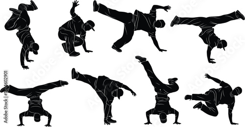 Breakdance silhouettes collection, hip hop dancer moves set, street dance vector illustration, urban culture action poses isolated