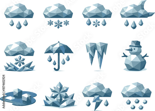Low-Poly Rain Icons. Low-poly vector icon set for February rain and late winter precipitation, featuring angular polygonal