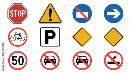 Collection of Various Road Signs and Traffic Symbols on a Plain Background, Vector Illustration Set Representing Traffic Rules, Road Safety, Navigation