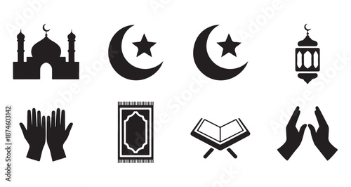 Monochrome islamic worship icons set with mosque crescent moon stars prayer hands and holy book