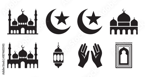 Collection of islamic icons with mosques crescent stars prayer hands and traditional devotion symbols